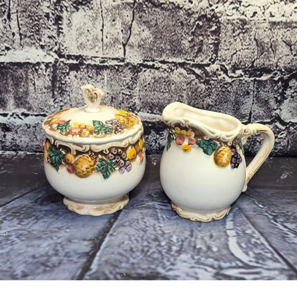 Vintage 1950's Lefton Japan Fruit Porcelain Pedestal Sugar with lid and Creamer